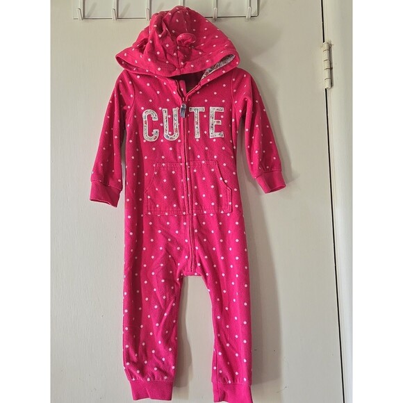 Carter's Toddler 18 Month Pink Footless Hooded Fleece  Zip One Piece Pajamas PJs - Picture 2 of 8